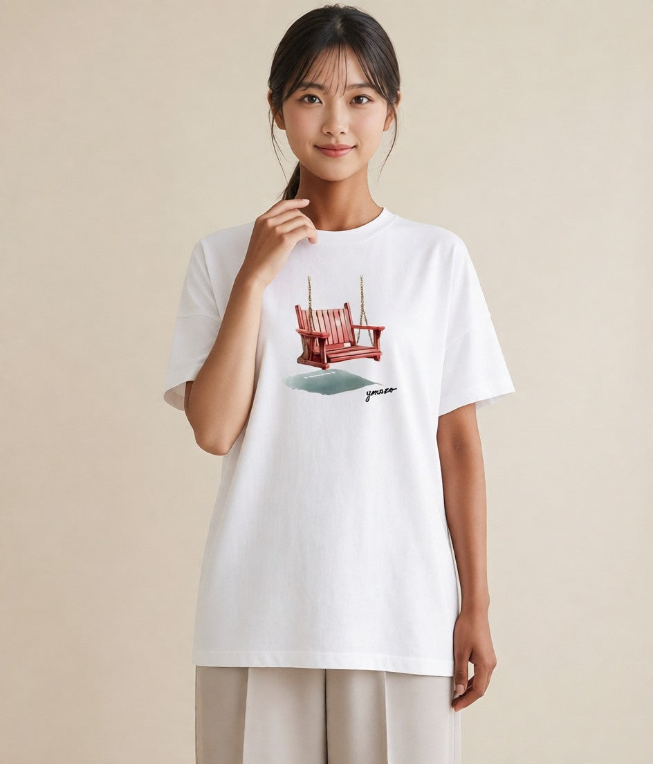 半袖Tシャツ レディース 雨上がりのベンチ ベンチ ナチュラル アンティーク イラスト アート風 休日 ペアコーデ 白T YMAZO