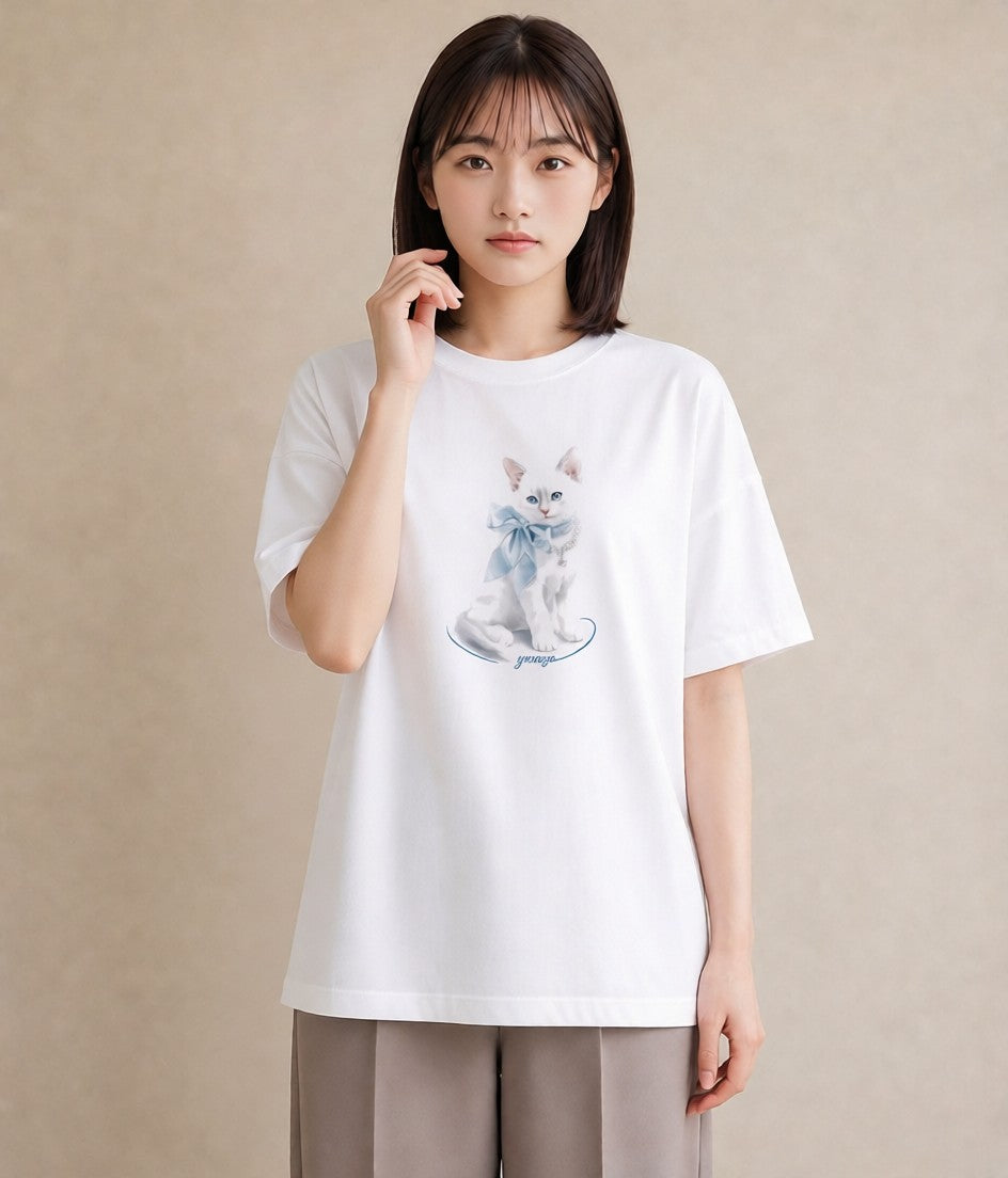 半袖Tシャツ レディース 猫 ねこ イラスト ラフ 自分用 ルームウェア 白T YMAZO