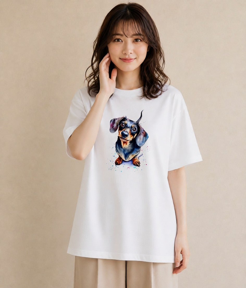 デザインTシャツ レディース ミニチュアダックスフンド 犬 いぬ イラスト ガーリー お出かけ 普段着 白T YMAZO