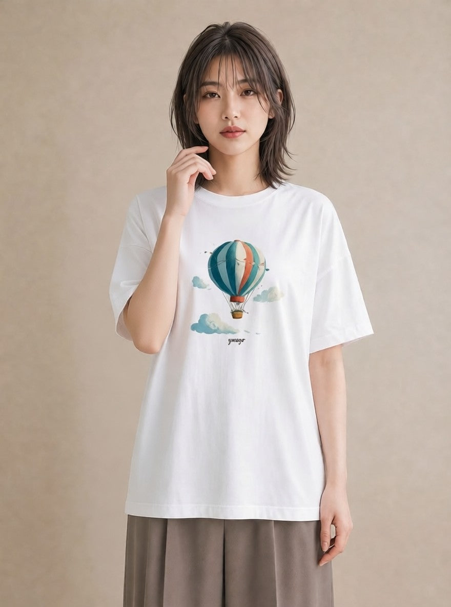 半袖Tシャツ レディース 紙風船 和紙 ナチュラル アンティーク イラスト ヴィンテージ風 ペアコーデ 秋コーデ 白T YMAZO
