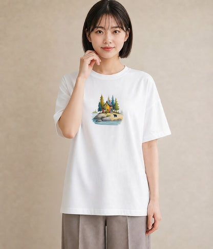 プリントTシャツ レディース 湖畔の小屋 湖 小屋 ナチュラル アンティーク イラスト 抜け感 デート 帰省 白T YMAZO