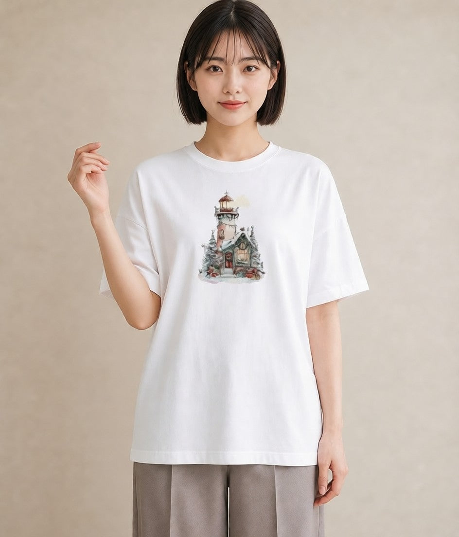 プリントTシャツ レディース 灯台 霧 海 ナチュラル アンティーク イラスト カジュアル 姉妹 送別ギフト 白T YMAZO