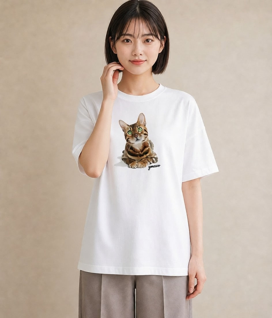半袖Tシャツ レディース 猫好き 猫 ねこ イラスト きれいめ レイヤード 友達ギフト 白T YMAZO
