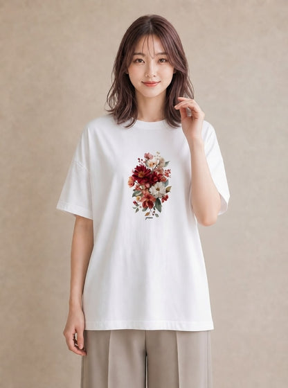 グラフィックTシャツ レディース ポスト 野の花 レトロ ナチュラル アンティーク イラスト 水彩風 ペアコーデ 秋コーデ 白T YMAZO