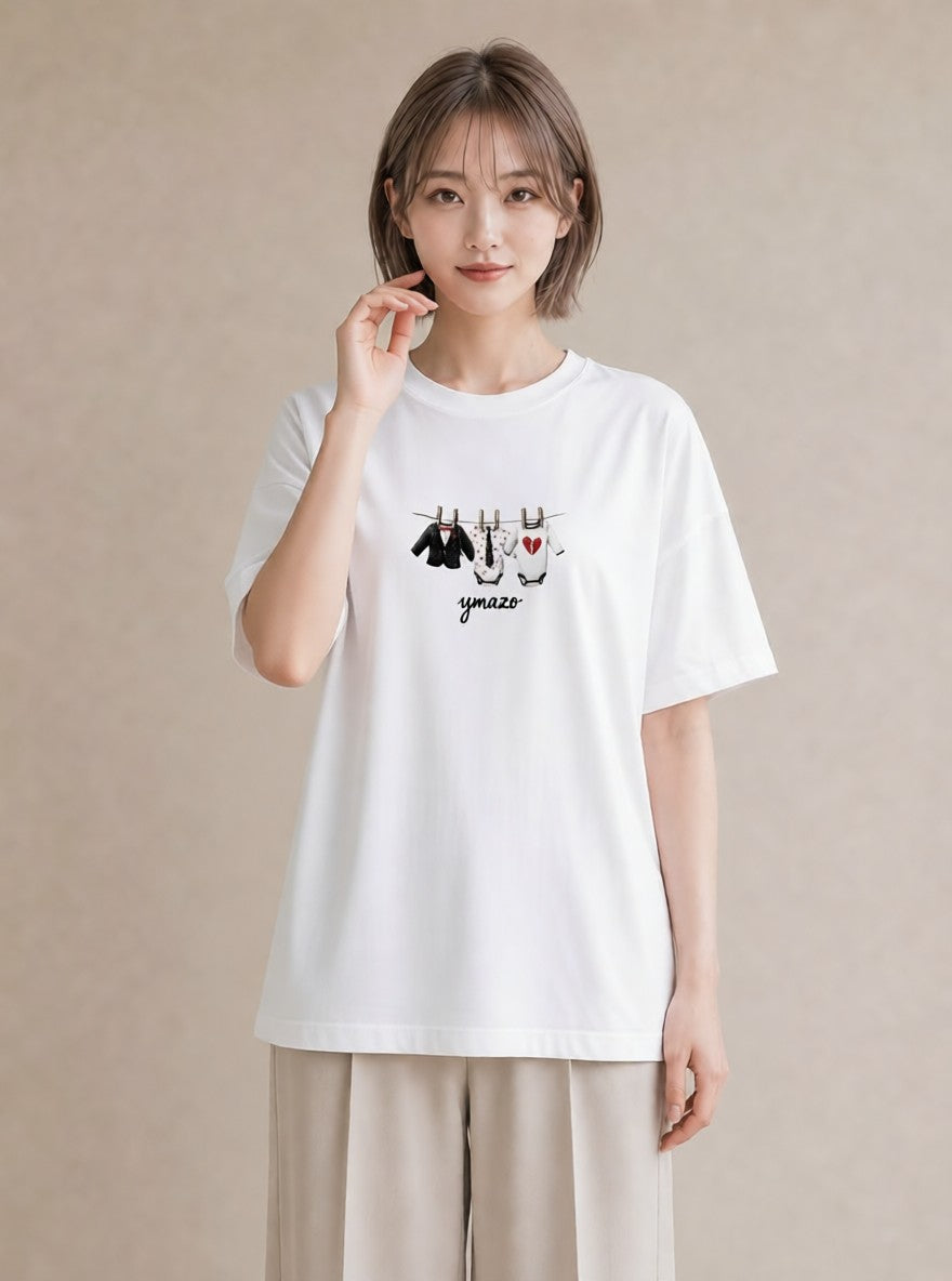 プリントTシャツ レディース 洗濯物 風 ナチュラル アンティーク イラスト 旅行コーデ デート 帰省 白T YMAZO