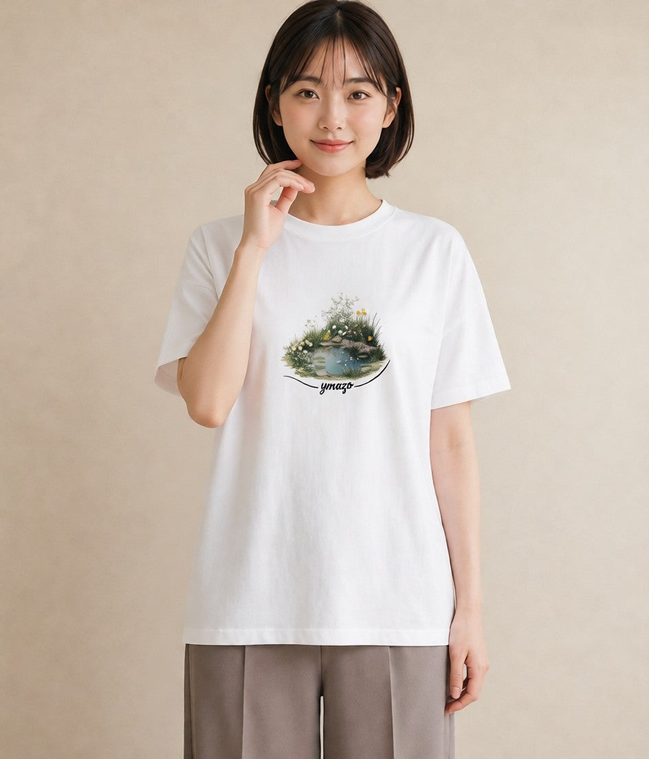 グラフィックTシャツ レディース 桟橋 水辺 波止場 ナチュラル アンティーク イラスト 線画 友達ギフト 部屋着 白T YMAZO
