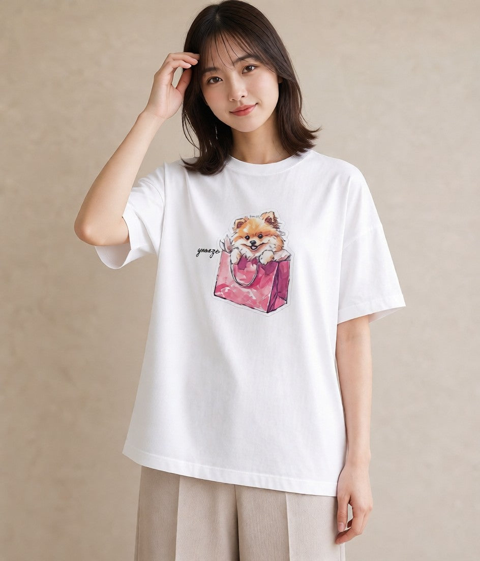 プリントTシャツ レディース ポメラニアン ポメ 犬 いぬ イラスト ラフ 通勤 在宅 白T YMAZO