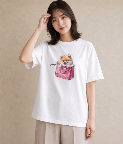 プリントTシャツ レディース ポメラニアン ポメ 犬 いぬ イラスト ラフ 通勤 在宅 白T YMAZO