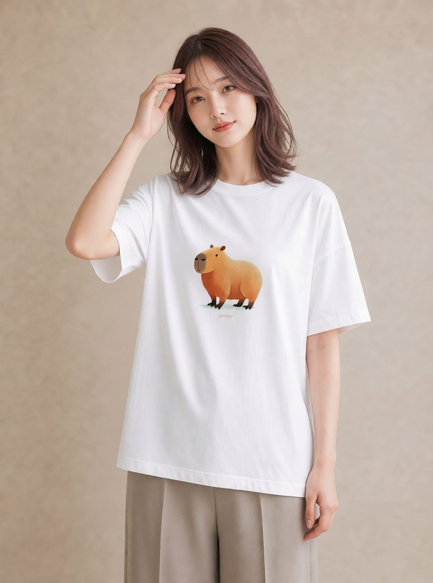Tシャツ レディース カピバラ かぴばら 動物 アニマル イラスト 個性的 友達ギフト 部屋着 白T YMAZO