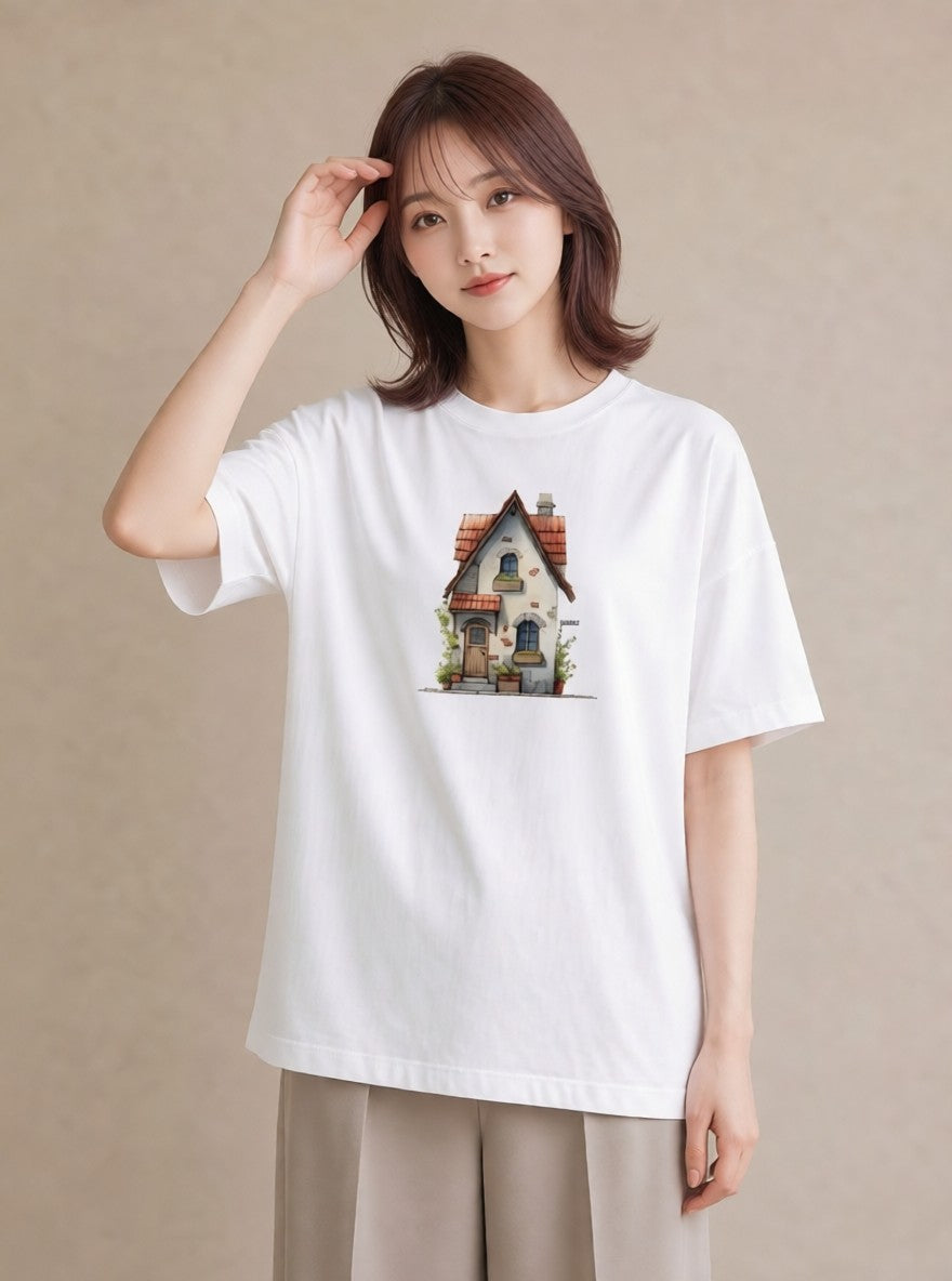 デザインTシャツ レディース 湖畔の小屋 湖 小屋 ナチュラル アンティーク イラスト こなれ感 カフェ服 クリスマス 白T YMAZO