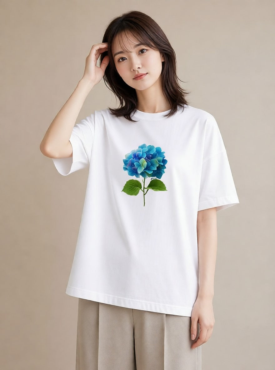 半袖Tシャツ レディース あじさい 紫陽花 アジサイ 花 花柄 イラスト 可愛い 自分用 ルームウェア 白T YMAZO