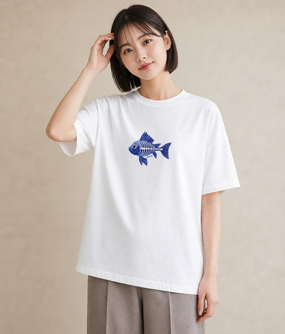 Tシャツ レディース 熱帯魚 ペット 動物 イラスト きれいめカジュアル 綿100 デート 白T YMAZO