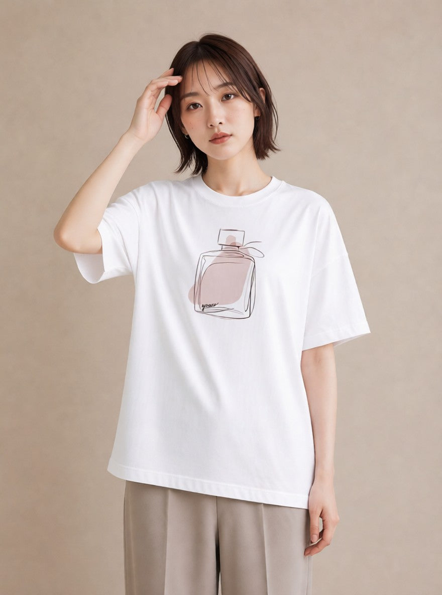 Tシャツ レディース ガラス瓶 小枝 ボタニカル ナチュラル アンティーク イラスト 休日 ペアコーデ 白T YMAZO