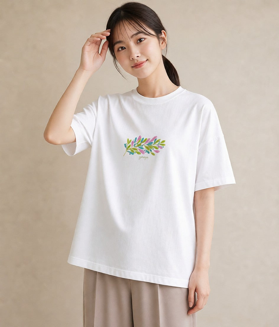 グラフィックTシャツ レディース シダ 植物 ボタニカル イラスト 個性的 デート 帰省 白T YMAZO