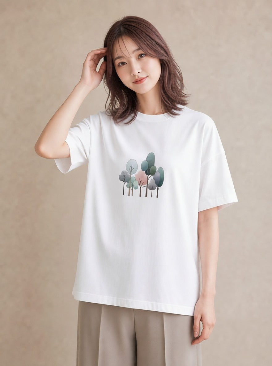 半袖Tシャツ レディース 青の水彩 風景 ブルー ナチュラル アンティーク イラスト 北欧風 ママ カフェ服 白T YMAZO