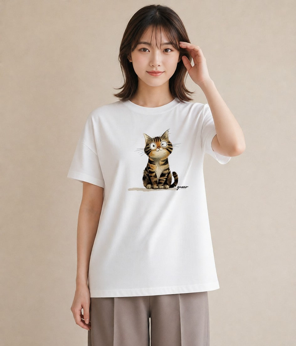 グラフィックTシャツ レディース ニャンコ 猫 ねこ イラスト ニュアンス 母の日 ビーチ 白T YMAZO