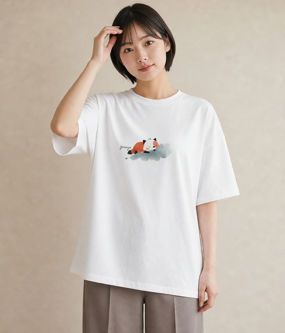 半袖Tシャツ レディース たぬき 動物 アニマル イラスト アート風 おしゃれギフト 社会人 白T YMAZO