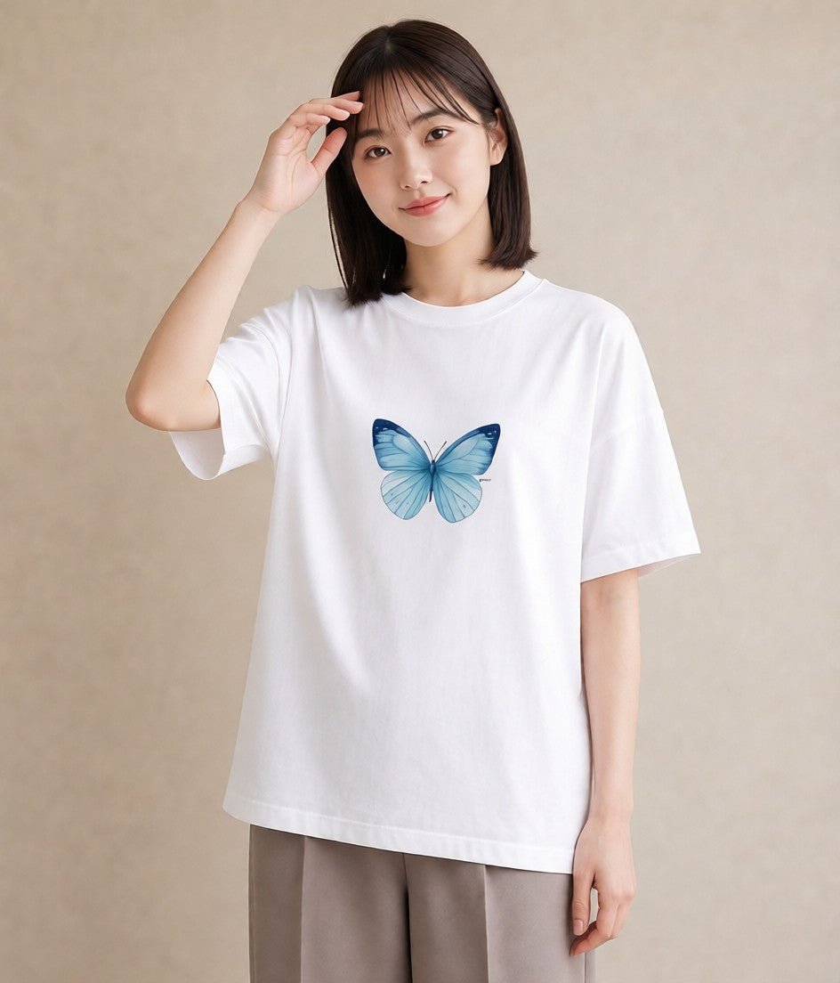 デザインTシャツ レディース ちょうちょ 蝶 バタフライ 昆虫 虫 イラスト ポップ 友達ギフト 部屋着 白T YMAZO