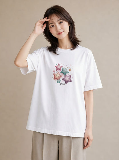 半袖Tシャツ レディース スター 星空 宇宙 イラスト ゆるかわ 女性向けギフト 散歩 白T YMAZO