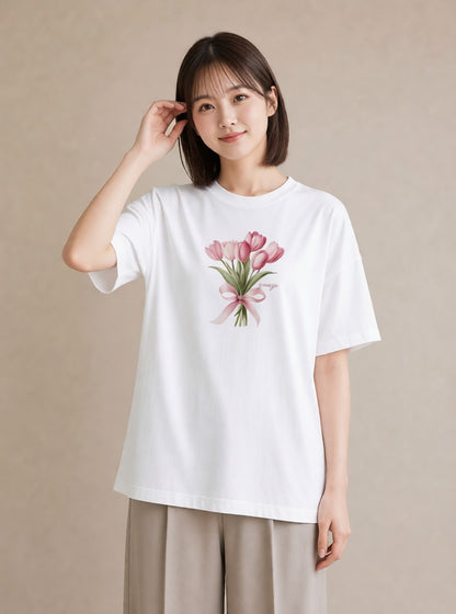 半袖Tシャツ レディース チューリップ 花 花柄 イラスト ニュアンス ママ カフェ服 白T YMAZO