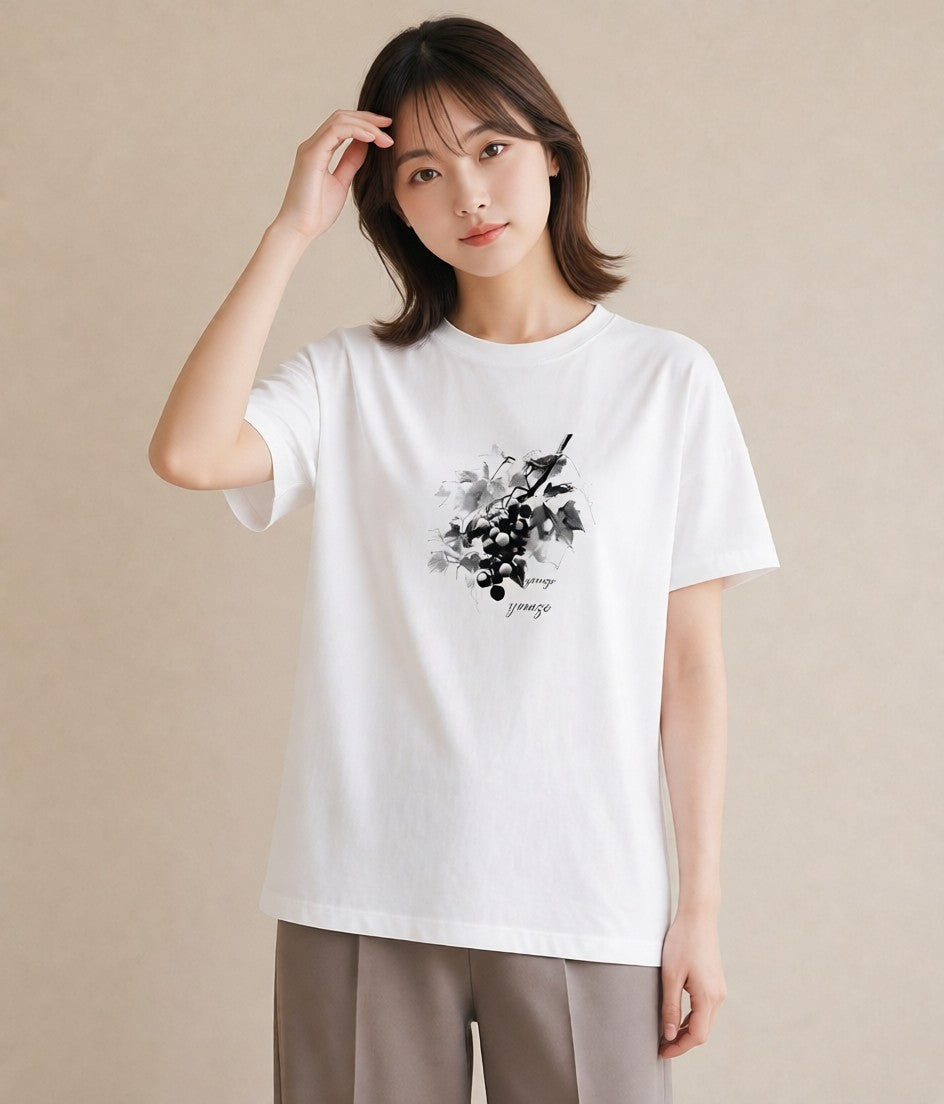 Tシャツ レディース ぶどう 葡萄 食べ物 フード イラスト ゆるコーデ ギフト 母の日 白T YMAZO