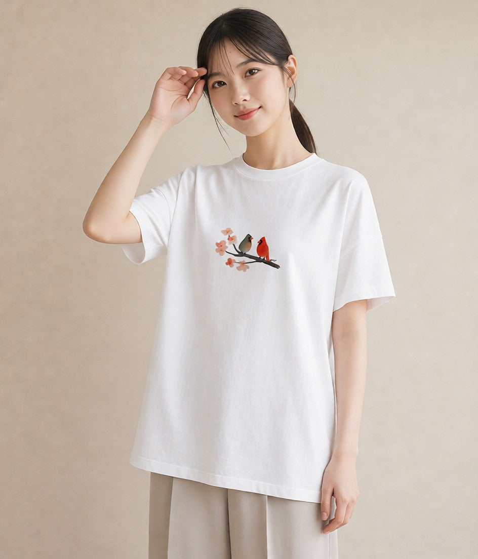 Tシャツ レディース 遠い家と鳥 風景 鳥 ナチュラル アンティーク イラスト 抜け感 母娘コーデ 自分用 白T YMAZO