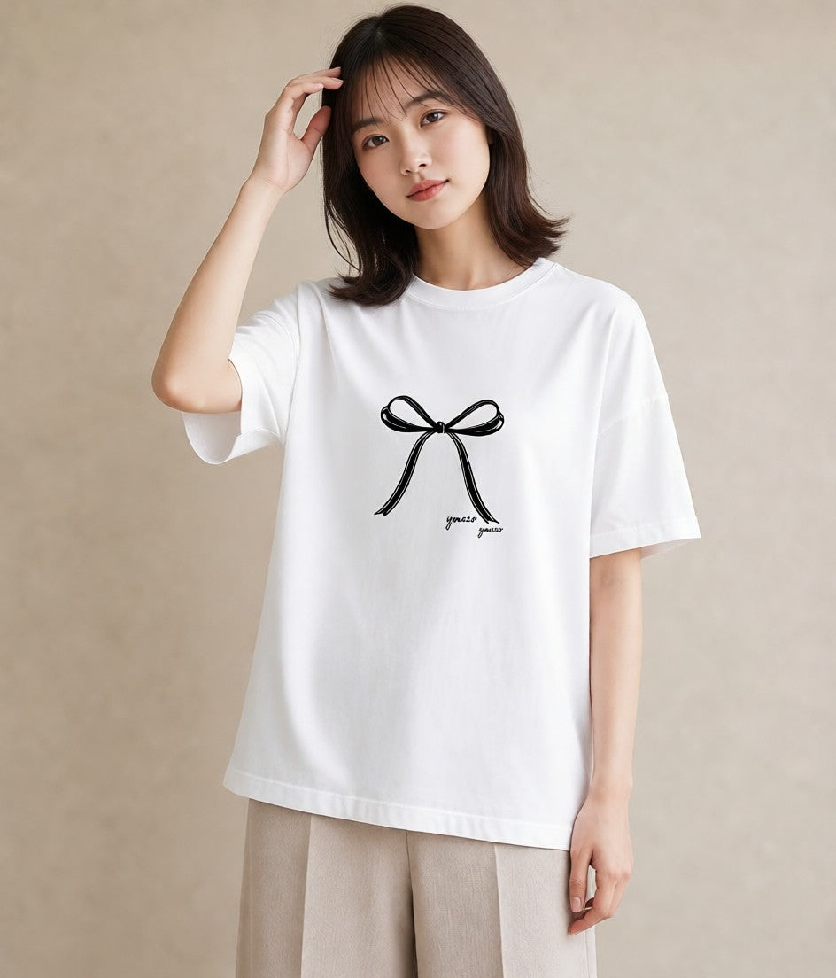 プリントTシャツ レディース リボン ボウ りぼん イラスト ナチュラル 通学 誕生日プレゼント 白T YMAZO