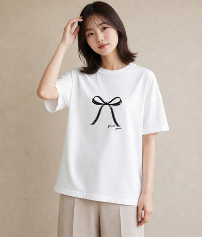 プリントTシャツ レディース リボン ボウ りぼん イラスト ナチュラル 通学 誕生日プレゼント 白T YMAZO
