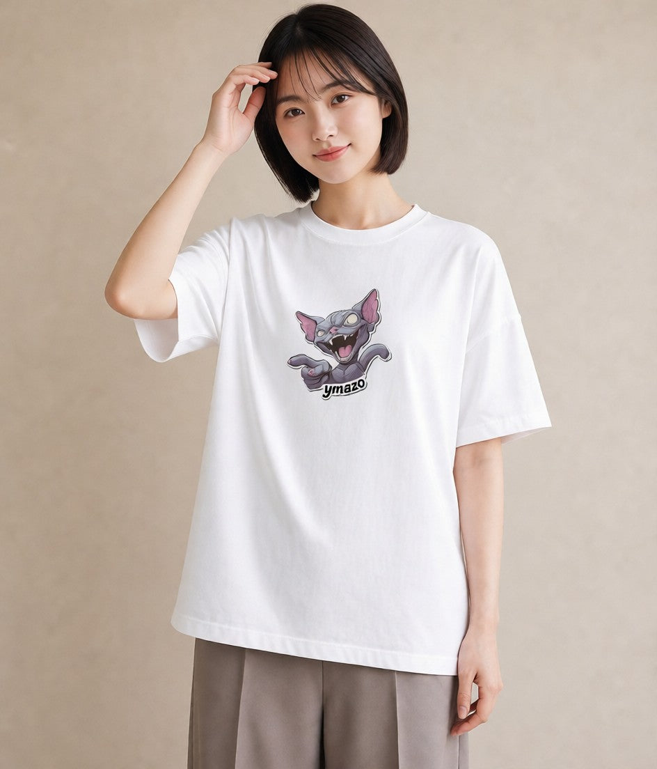 プリントTシャツ レディース スフィンクス 猫 ねこ イラスト ラフ ビーチ デイリーウェア 白T YMAZO