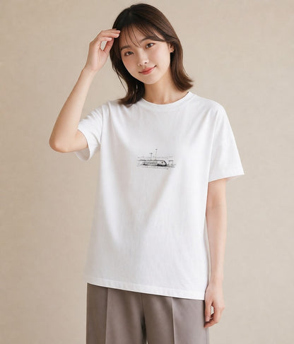 デザインTシャツ レディース 駅のホーム ローカル線 駅 ナチュラル アンティーク イラスト お洒落 女性向けギフト 散歩 白T YMAZO