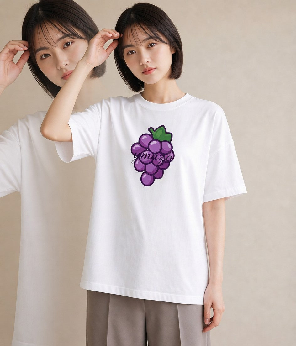 Tシャツ レディース ぶどう 葡萄 食べ物 フード イラスト きれいめカジュアル ミセス 春コーデ 白T YMAZO