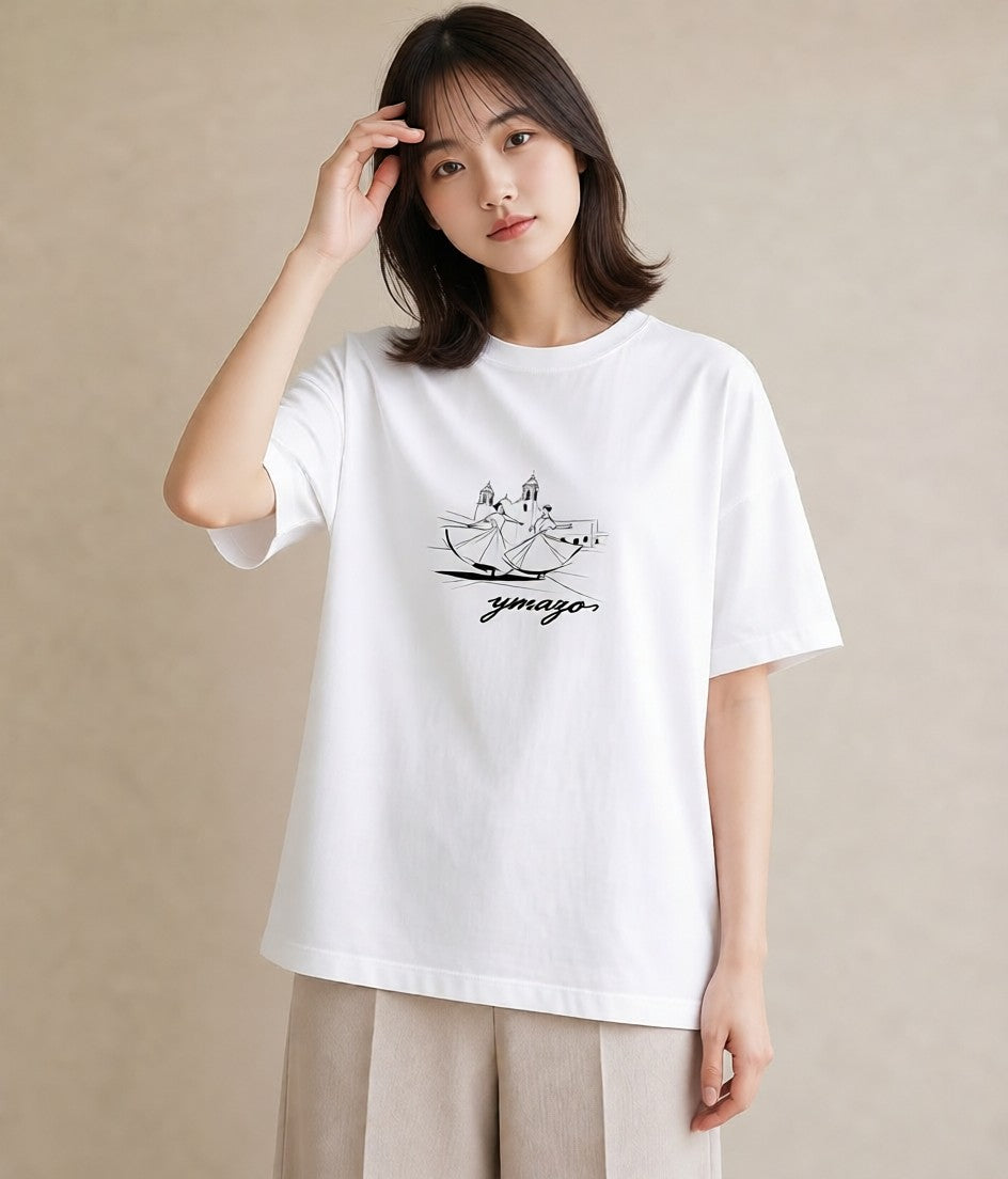 半袖Tシャツ レディース バレエシューズ バレエ トウシューズ ナチュラル アンティーク イラスト 可愛い 海 カフェ巡り 白T YMAZO
