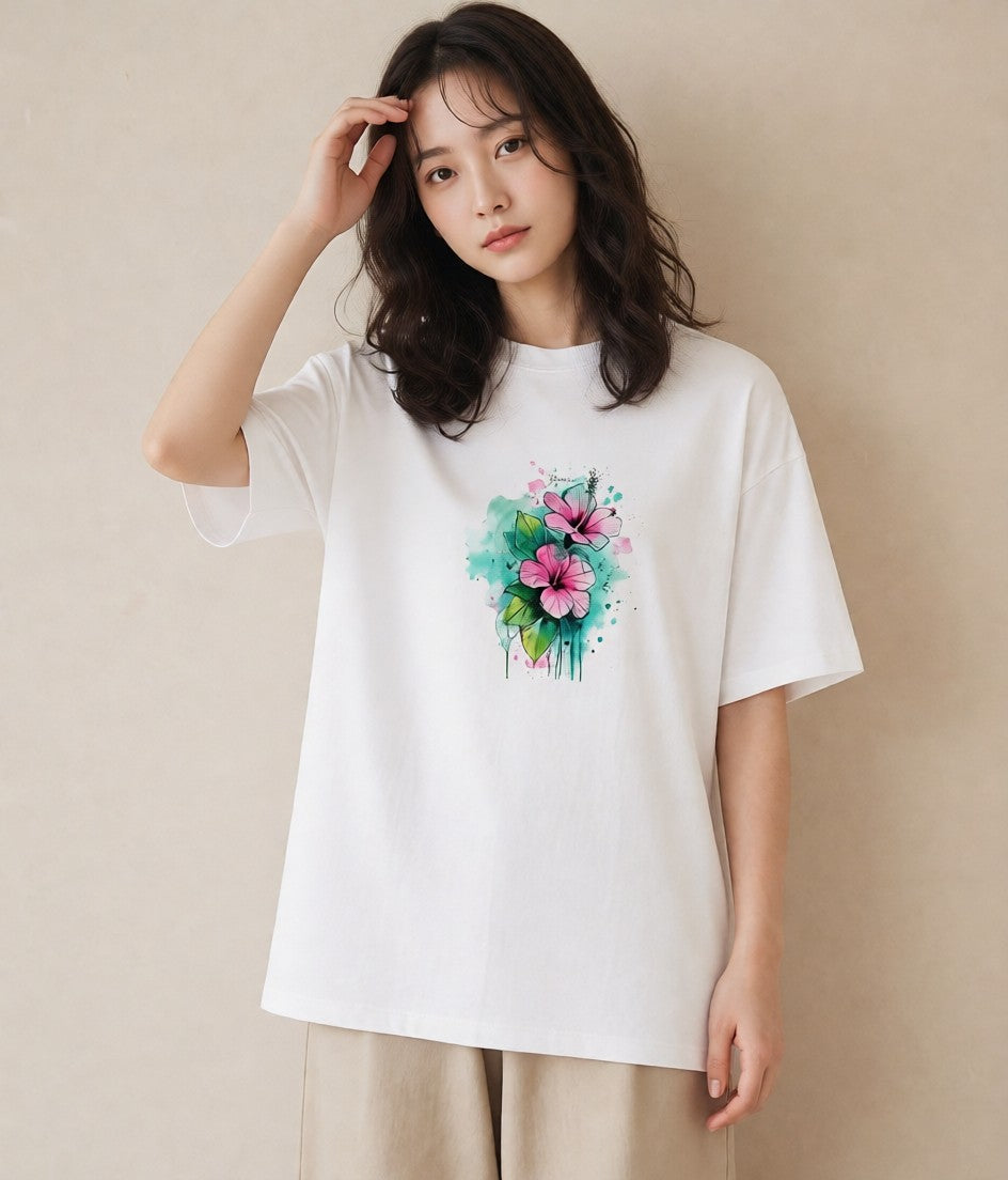 Tシャツ レディース あさがお 朝顔 花 花柄 イラスト 抜け感 休日 ペアコーデ 白T YMAZO