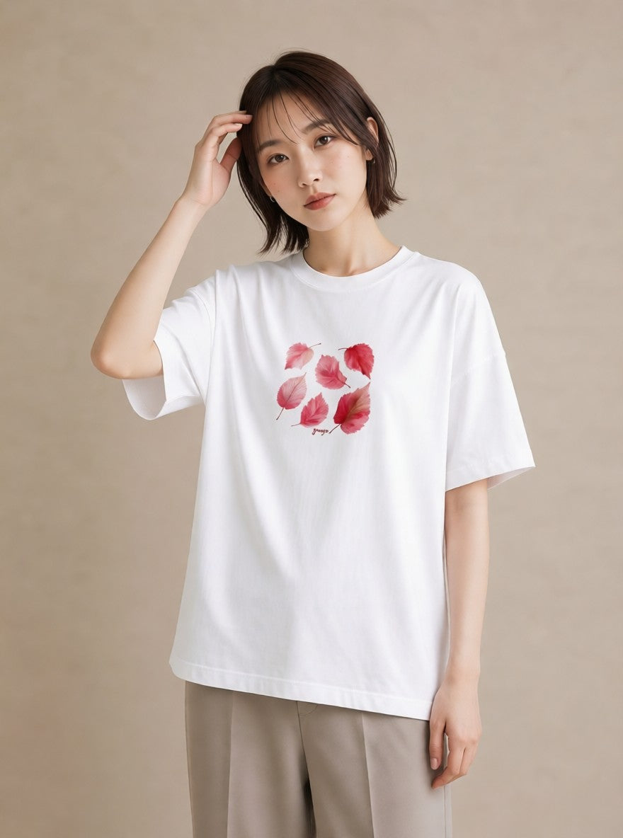 プリントTシャツ レディース 落ち葉 植物 ボタニカル イラスト こなれ感 春服 ミセス 白T YMAZO