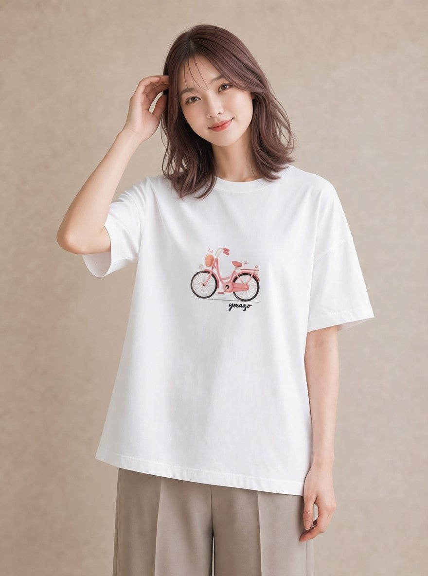 グラフィックTシャツ レディース 自転車のかご 自転車 花かご ナチュラル アンティーク イラスト 休日 ペアコーデ 白T YMAZO