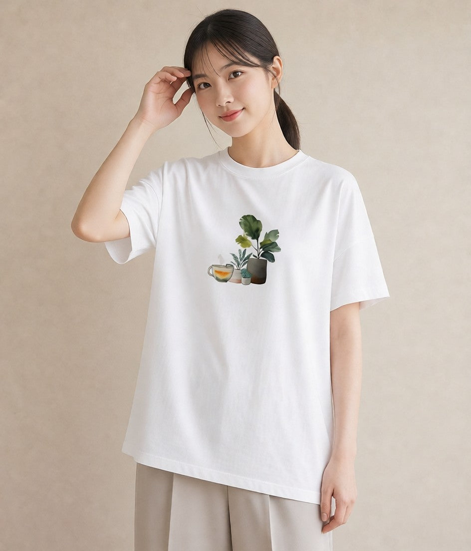 プリントTシャツ レディース 夕暮れ バルコニー 夕焼け ナチュラル アンティーク イラスト 個性的 カジュアルコーデ 買い物 白T YMAZO