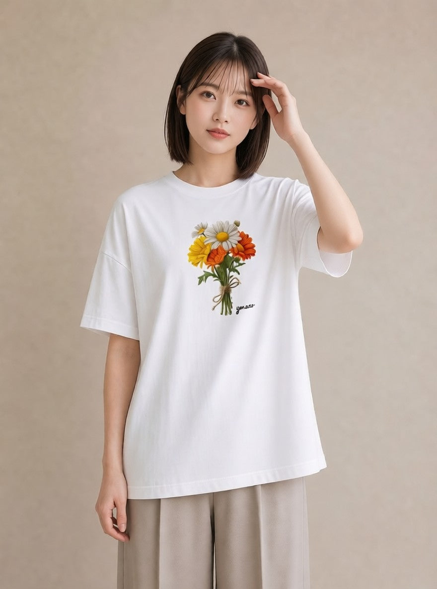 デザインTシャツ レディース マーガレット 花 花柄 イラスト 上品 社会人 女性 白T YMAZO