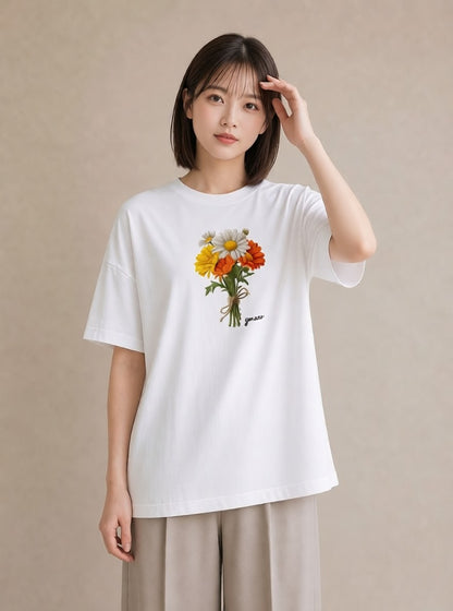デザインTシャツ レディース マーガレット 花 花柄 イラスト 上品 社会人 女性 白T YMAZO