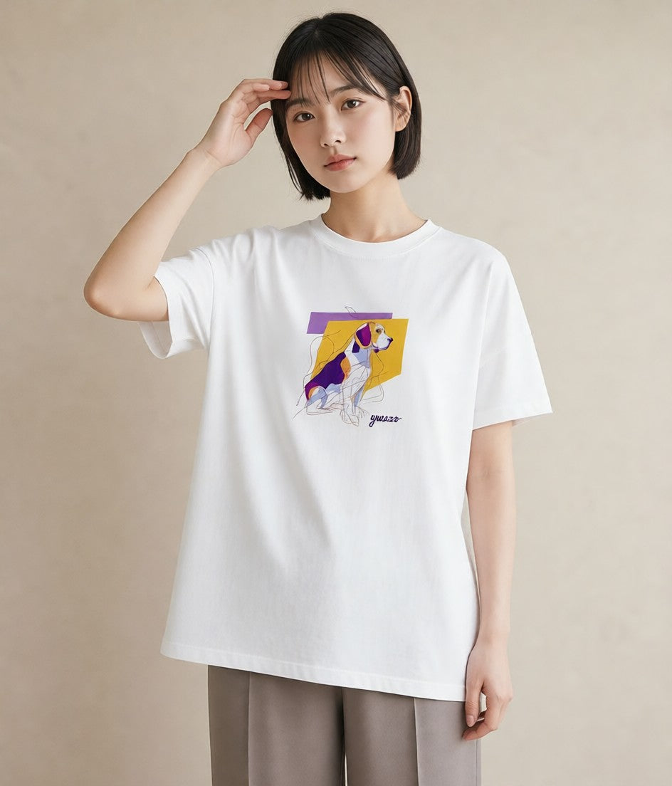 Tシャツ レディース ビーグル 犬 いぬ イラスト ガーリー お出かけ 普段着 白T YMAZO