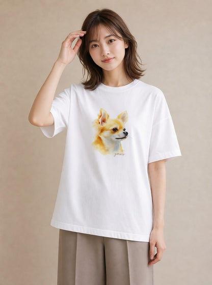 Tシャツ レディース チワワ 犬 いぬ イラスト 手描き風 お出かけ 普段着 白T YMAZO