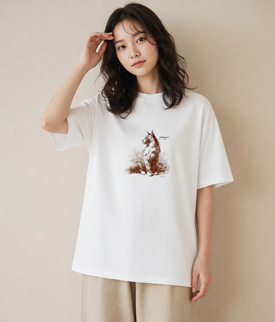 グラフィックTシャツ レディース ソマリ 猫 ねこ イラスト 水彩風 買い物 夏コーデ 白T YMAZO