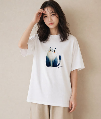 Tシャツ レディース ブリティッシュショートヘア 猫 ねこ イラスト ゆるコーデ お揃い 親子 白T YMAZO