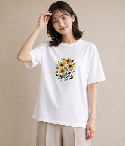 グラフィックTシャツ レディース ひまわり 向日葵 花 花柄 イラスト ミニマル 秋コーデ おしゃれギフト 白T
