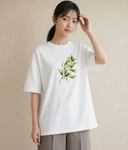 半袖Tシャツ レディース 新緑 植物 ボタニカル イラスト 上品 ペアコーデ 秋コーデ 白T YMAZO