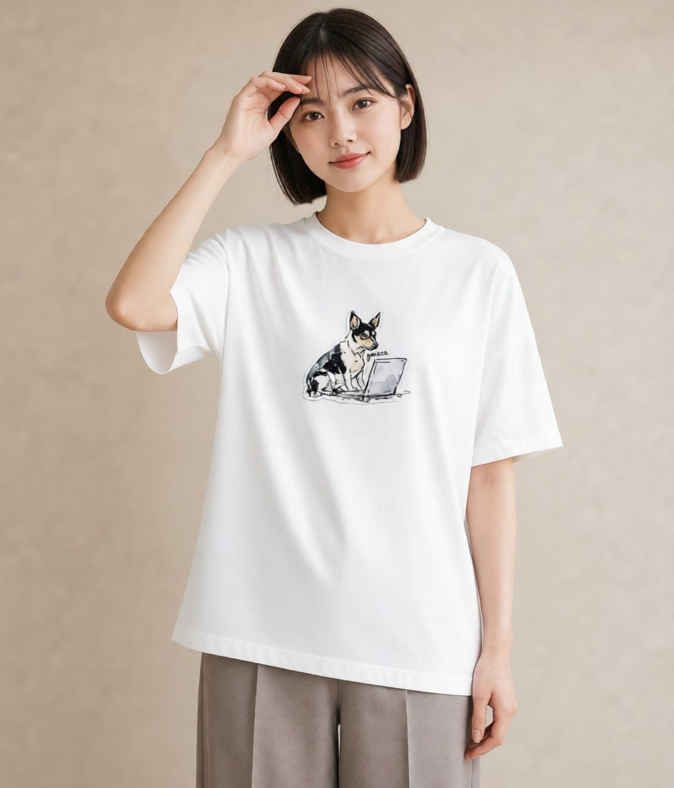プリントTシャツ レディース 犬 いぬ イラスト 水彩風 母の日 ビーチ 白T YMAZO