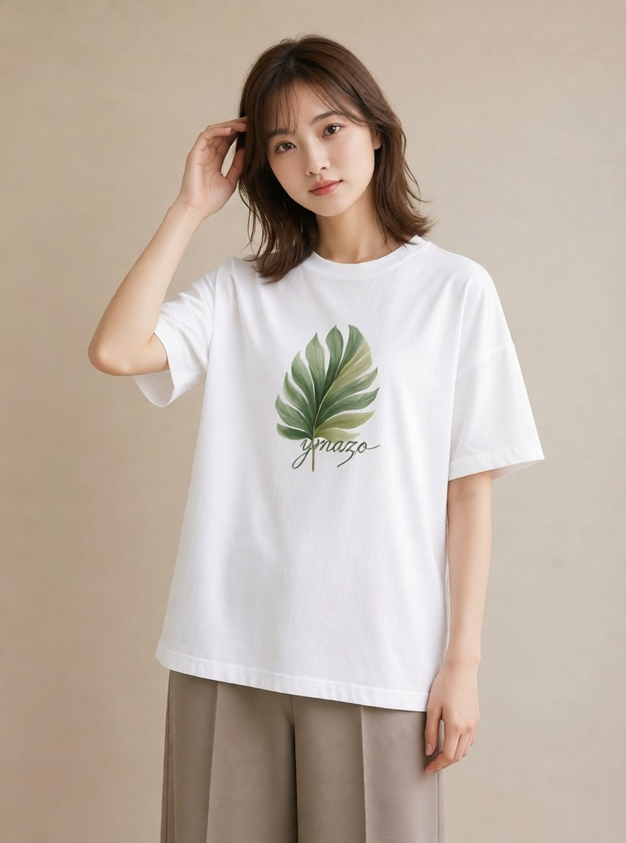 プリントTシャツ レディース 新緑 植物 ボタニカル イラスト 上品 海 カフェ巡り 白T YMAZO