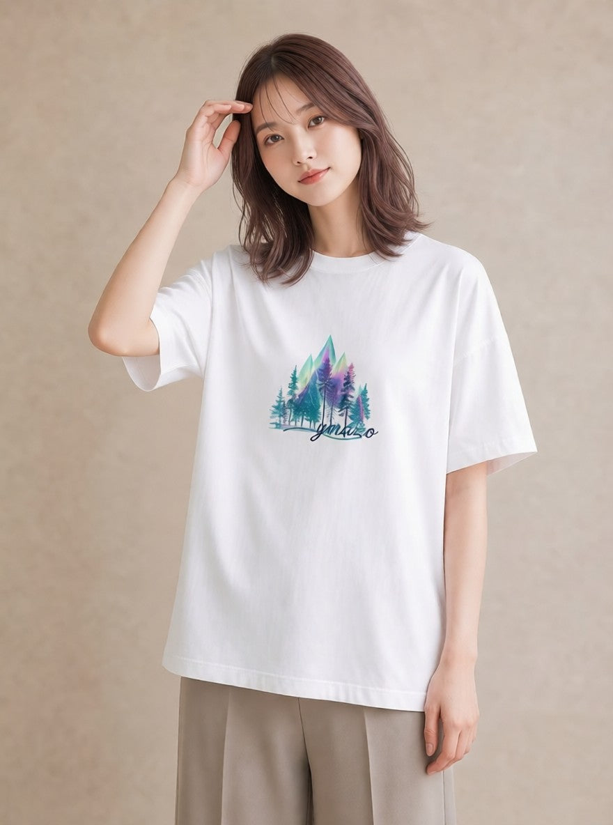 グラフィックTシャツ レディース オーロラ 星空 宇宙 イラスト 淡色 母娘コーデ 自分用 白T YMAZO