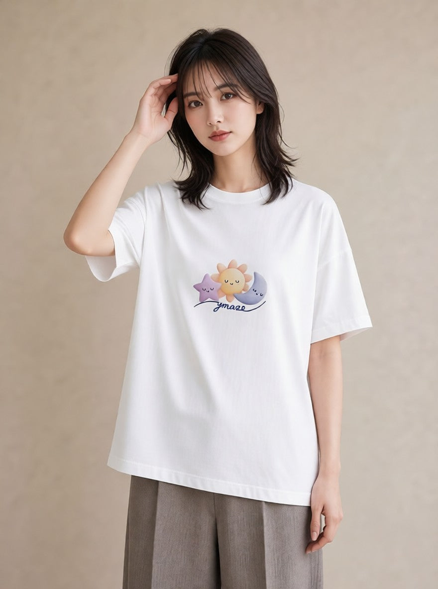 グラフィックTシャツ レディース 星 星空 宇宙 イラスト モード 散歩 お出かけ 白T YMAZO