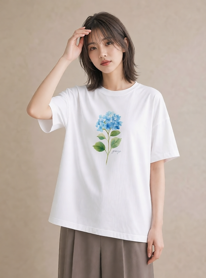 Tシャツ レディース あじさい 紫陽花 アジサイ 花 花柄 イラスト ヴィンテージ風 カフェ巡り 女子会 白T YMAZO