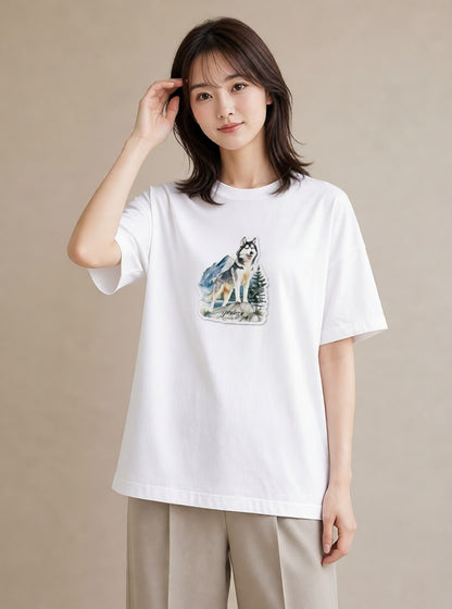 デザインTシャツ レディース シベリアンハスキー 犬 いぬ イラスト 手描き風 ギフト 母の日 白T YMAZO
